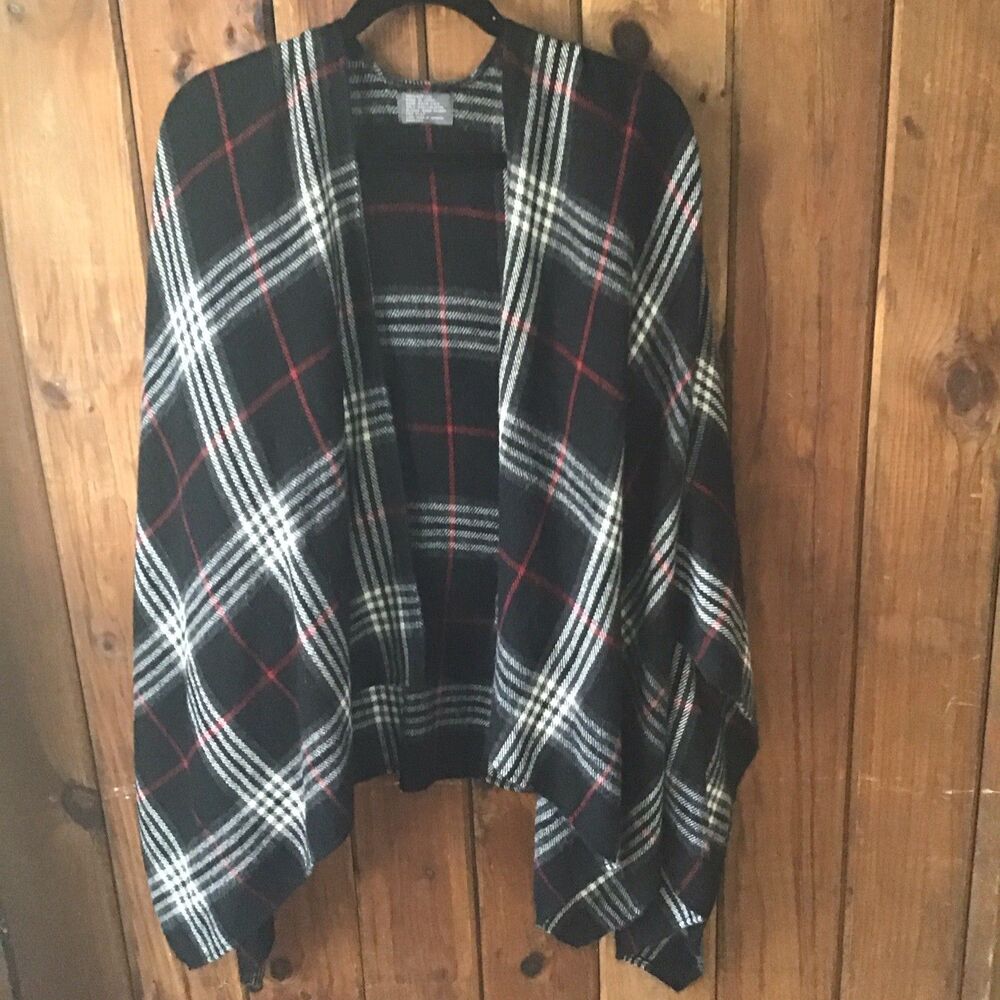 Unbranded Black Plaid Shawl Wrap Open Sides One Size Boho Lagenlook